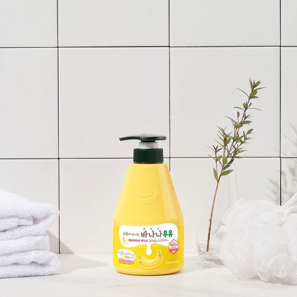 Luxurious Kwailnara Banana Milk Body Lotion with a subtle banana fragrance, a K-beauty favourite for deep hydration and silky smooth body care.