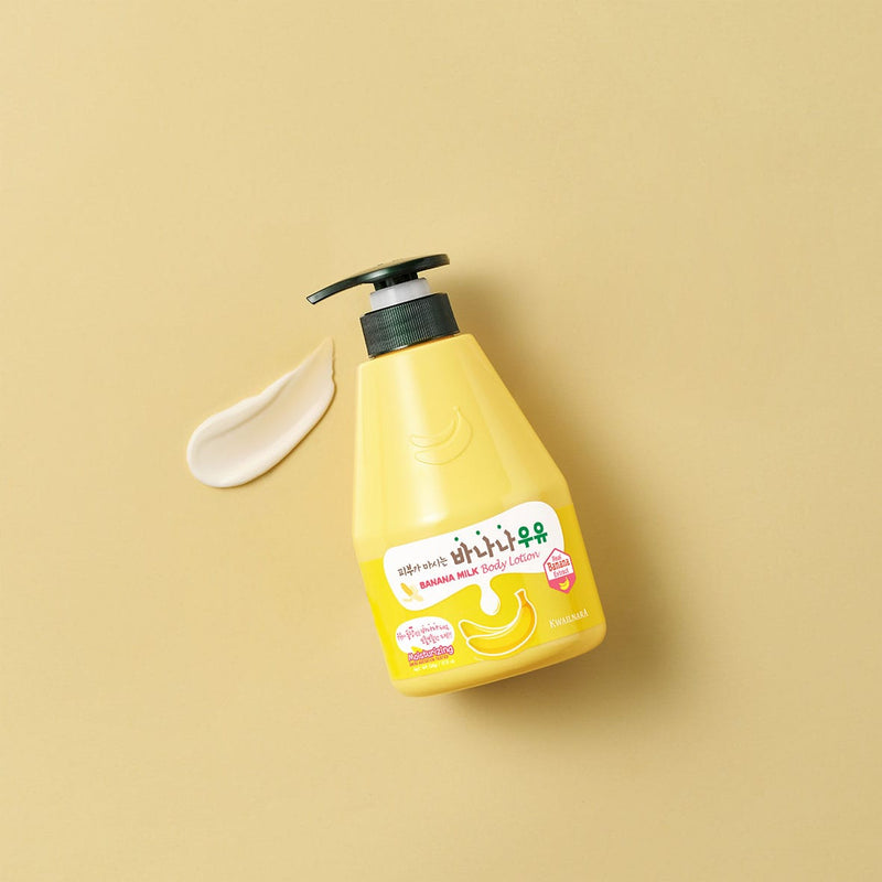 Kwailnara Banana Milk Body Lotion packaging in a flat lay with Korean skincare essentials, enriched with banana and milk essence for radiant, moisturised skin.