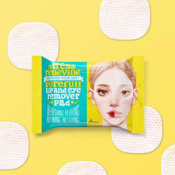 K-beauty Ariul Stress Relieving Purefull Lip and Eye Remover Pad, designed for sensitive skin. Nourishing Korean skincare solution that gently removes waterproof makeup while calming and hydrating the lips and eye area.