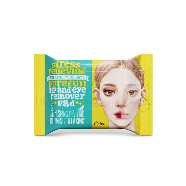 Ariul Stress Relieving Purefull Lip and Eye Remover Pad for gentle, effective makeup removal, ideal for sensitive skin. K-beauty product with soothing, stress-relieving formula to cleanse and hydrate delicate lip and eye areas.