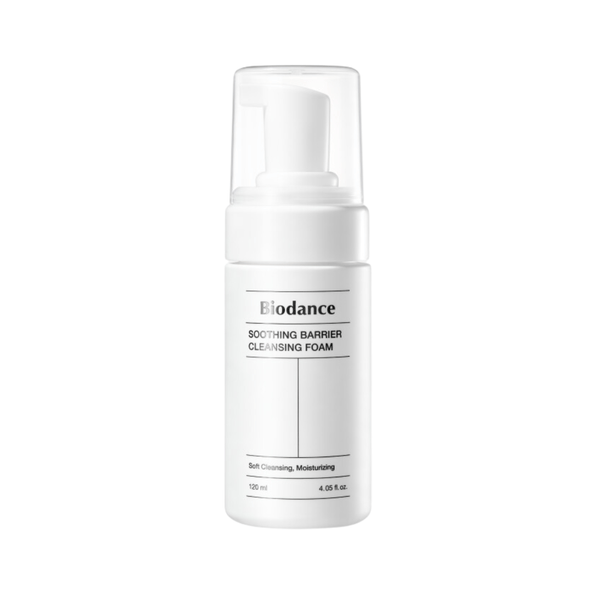 Biodance Soothing Barrier Cleansing Foam 120ml with gentle formula for sensitive skin cleansing and hydration.