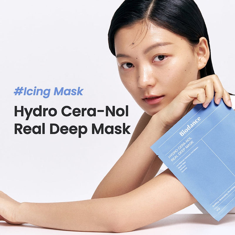 Biodance Hydro Cera-Nol Real Deep Mask packaging. Biodance mask designed to enhance moisture retention and repair skin barriers with triple soothing ingredients.