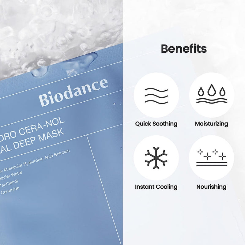 Close-up of Biodance Hydro Cera-Nol Real Deep Mask, enriched with hyaluronic acid and Cera-nol technology to cool, strengthen and hydrate skin.