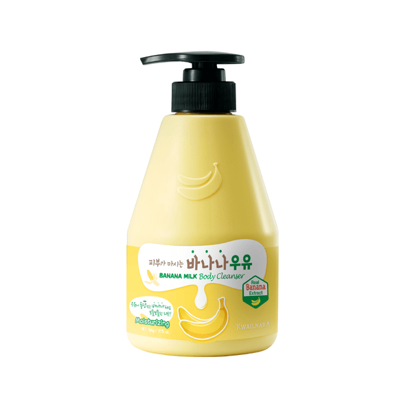 Close-up of Kwailnara Banana Milk Body Cleanser, a trending K-beauty product enriched with banana and milk essence for gentle cleansing and radiant skin.