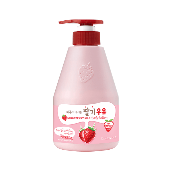 Kwailnara Strawberry Milk Body Lotion bottle with strawberry and milk-themed packaging, a must-have in K-beauty body care routines.