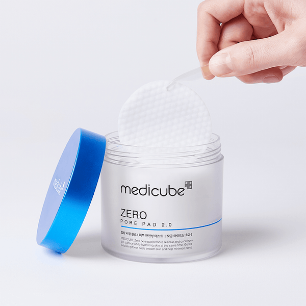 Close-up of Medicube Zero Pore Pad 2.0 showing its AHA, BHA, and Anti Sebum P™ formula for controlling excess oil and refining skin texture.