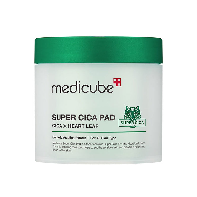 Medicube Super Cica Toner Pad in sleek packaging, highlighting its gentle, soothing formula with Centella Asiatica for sensitive and acne-prone skin.