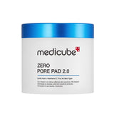 Medicube Zero Pore Pad 2.0 packaging and pads, featuring dual-sided design for gentle exfoliation and pore-tightening care.