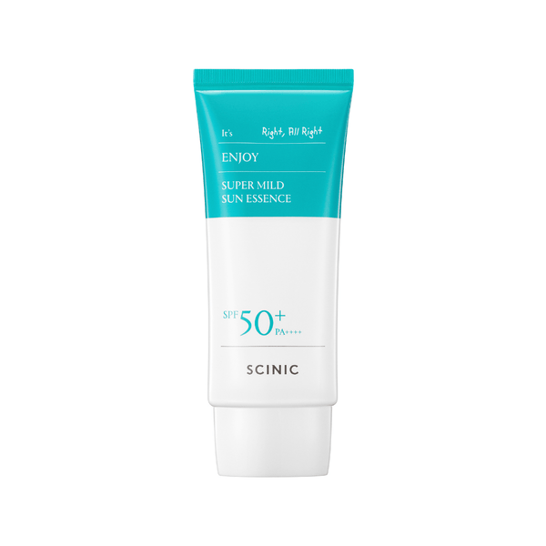 SCINIC Enjoy Super Mild Sun Essence SPF50+ PA++++ – lightweight, hydrating sunscreen with 60% essence and plant extracts for UV protection and soothing care.