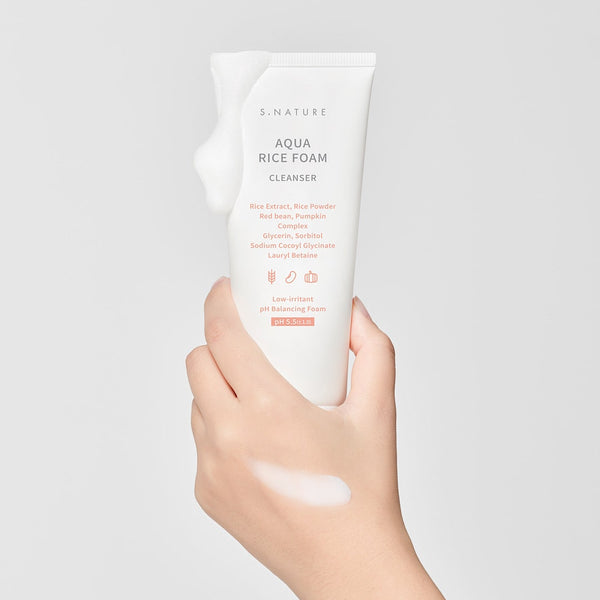 S..Nature Aqua Rice Foam Cleanser in an elegant bottle, enriched with nourishing rice extract for gentle cleansing and hydration, perfect for enhancing your Korean skincare routine and promoting a brighter, healthier complexion