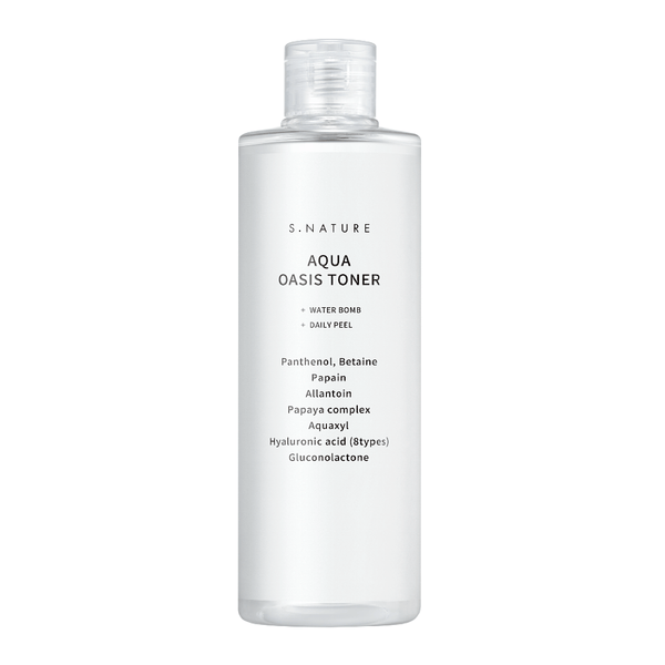 S.Nature Aqua Oasis Toner in a sleek bottle, formulated with hydrating ingredients to balance skin moisture, refresh the complexion, and prep skin for better absorption of serums and moisturisers