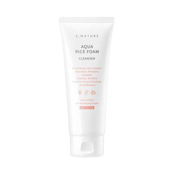 S.Nature Aqua Rice Foam Cleanser in a chic bottle, formulated with rice extract to gently cleanse, remove impurities, and hydrate the skin, a key product in Korean skincare for a fresh, radiant complexion.