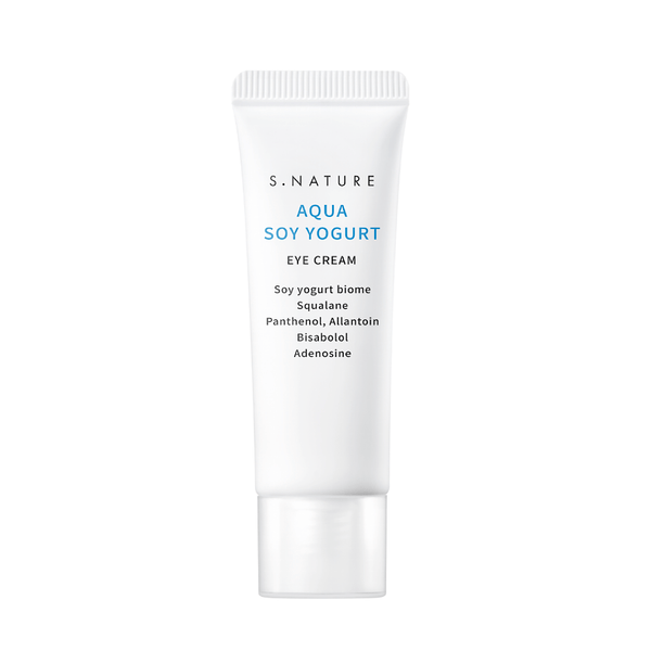 S.Nature Aqua Soy Yogurt Eye Cream in a sleek tube, enriched with soy extract and yogurt for deep hydration, brightening and reducing fine lines around the eyes, ideal for sensitive skin.