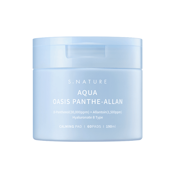 S.Nature Aqua Oasis Panthe-Allan Calming Pad, infused with soothing panthenol and allantoin, designed to hydrate, calm irritated skin, and reduce redness, ideal for sensitive and dry skin types