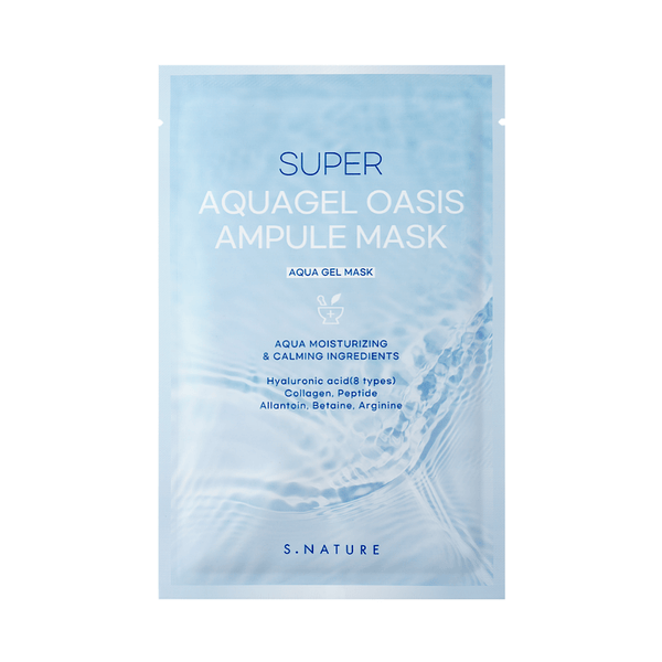 S.Nature Super Aqua Gel Oasis Ampule Mask in a vibrant packaging, formulated with hydrating ingredients for intense moisture, revitalising tired skin and enhancing radiance, ideal for all skin types.