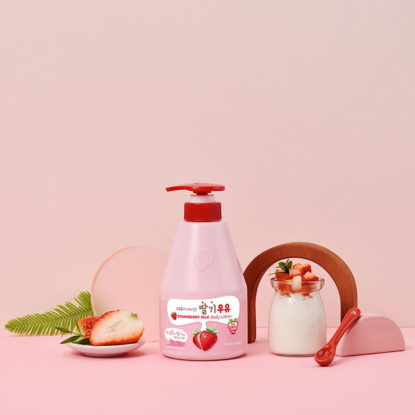 Luxurious Kwailnara Strawberry Milk Body Lotion for deep hydration and glowing skin, perfect for Korean skincare enthusiasts.