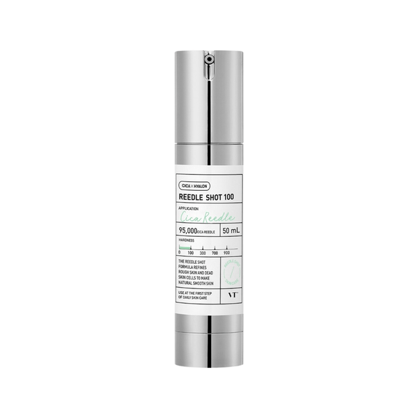 VT Cosmetics VT Reedle Shot 100 - 50ml, advanced Korean skincare essence for achieving glass skin with microneedling-inspired technology.