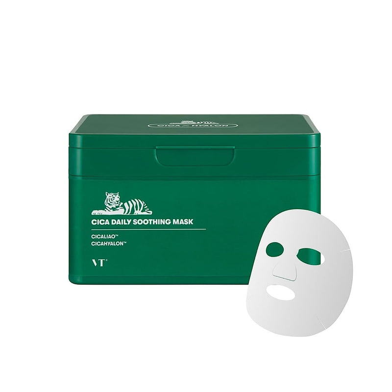 VT Cosmetics CICA Daily Soothing Mask – 30-sheet pack in pull-out box, enriched with Cicaliao™ and Cicahyalon™ for hydration and soothing care, ideal for dry and stressed skin.